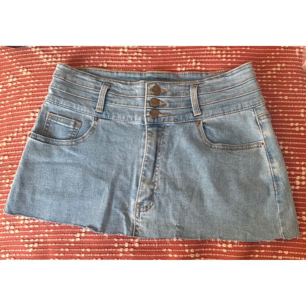 BLEU Light Wash Denim Mini Skirt High Waisted Raw Hem Triple Button Fly Size 12